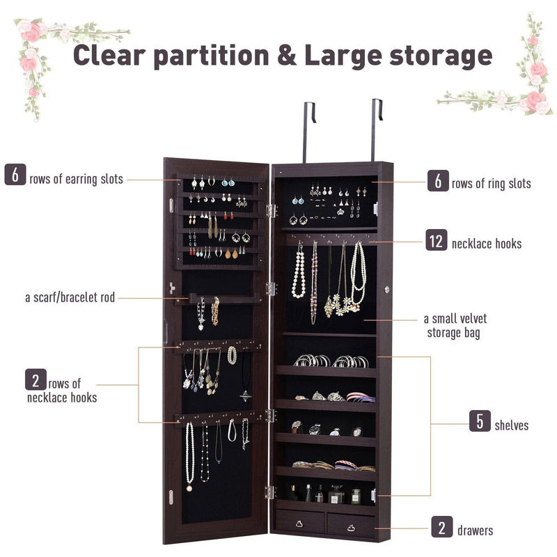 Mirrored Jewelry Cabinet, Door/Wall Mount, LED Lights, Lockable