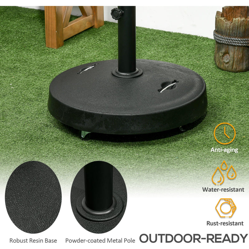 Outsunny Resin Garden Parasol Base with Wheels and Retractable Handles, Round Outdoor Market Umbrella Stand Weight for Poles of Φ38 - Φ48mm, Black Outsunny