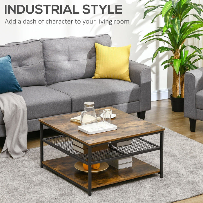 Square Coffee Table with Storage, Rustic Industrial