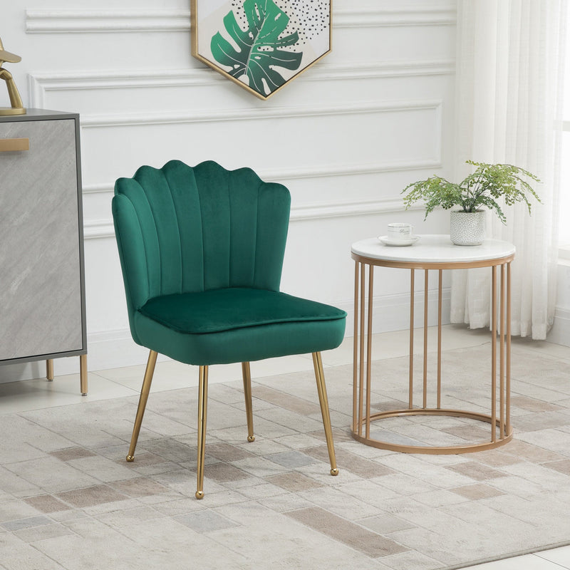 Green Velvet Shell Back Chair With Gold Metal Legs