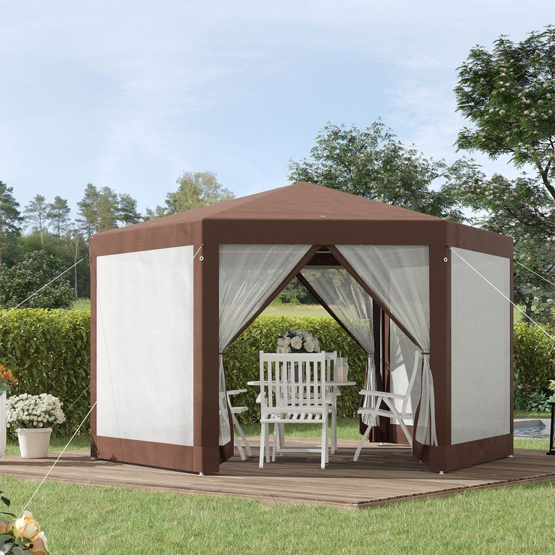 Brown Hexagonal Gazebo with Mosquito Netting