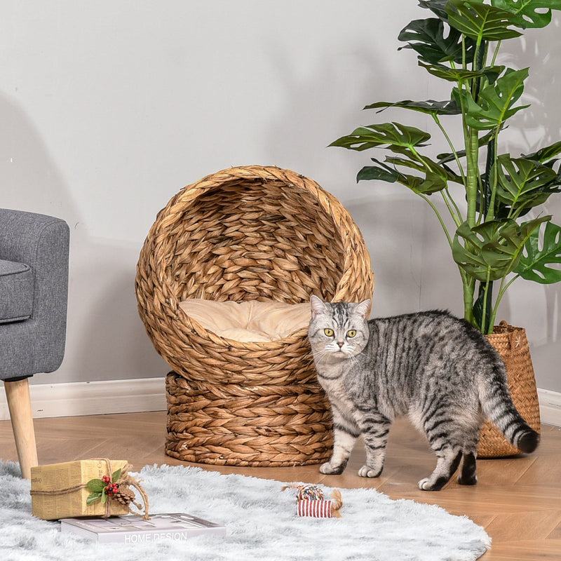 PawHut Brown Wicker Cat Bed, 42x33x52cm