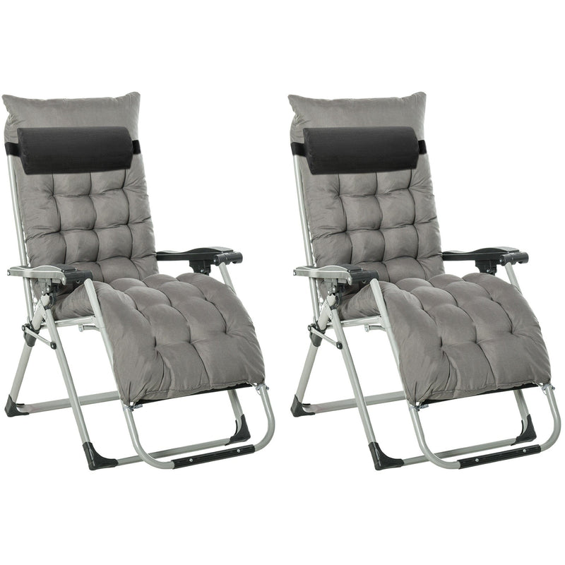 Outsunny 2 Piece Reclining Zero Gravity Chair Folding Garden Sun Lounger with Cushion Headrest Dark Grey Outsunny