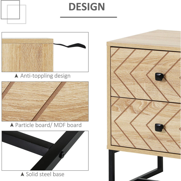 2 Drawer Nightstand, Zig Zag Design With Black Metal Handles