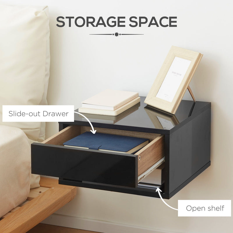 Wall-Mounted Bedside Table, Gloss Black, 37x32x21cm (Set of 2) Homcom
