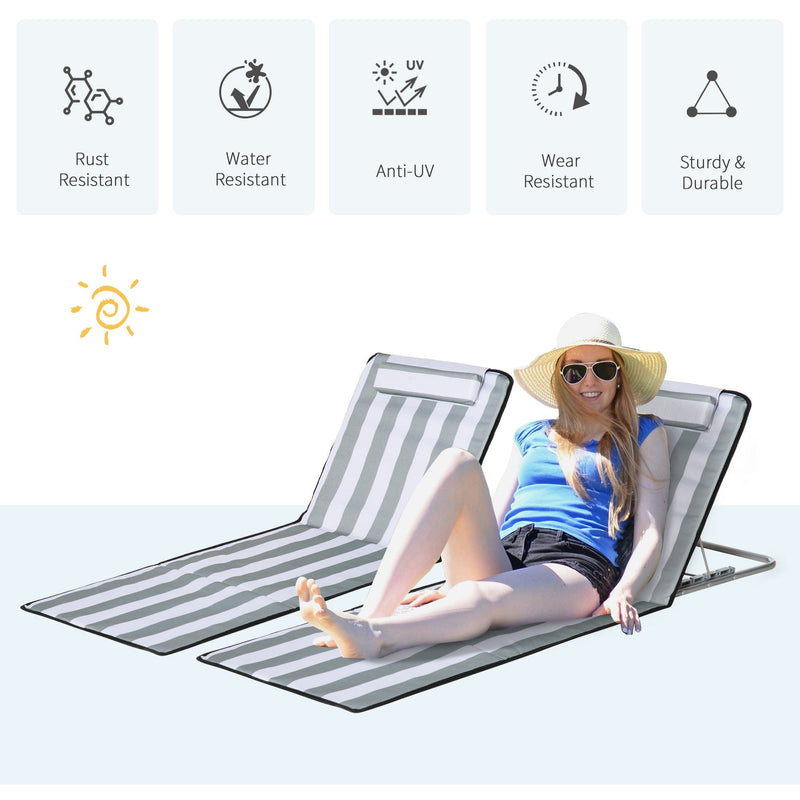 Outsunny Set of 2 Foldable Garden Beach Chair Mat Lightweight Outdoor Sun Lounger Seats Adjustable Back Metal Frame PE Fabric Head Pillow, Light Grey Outsunny