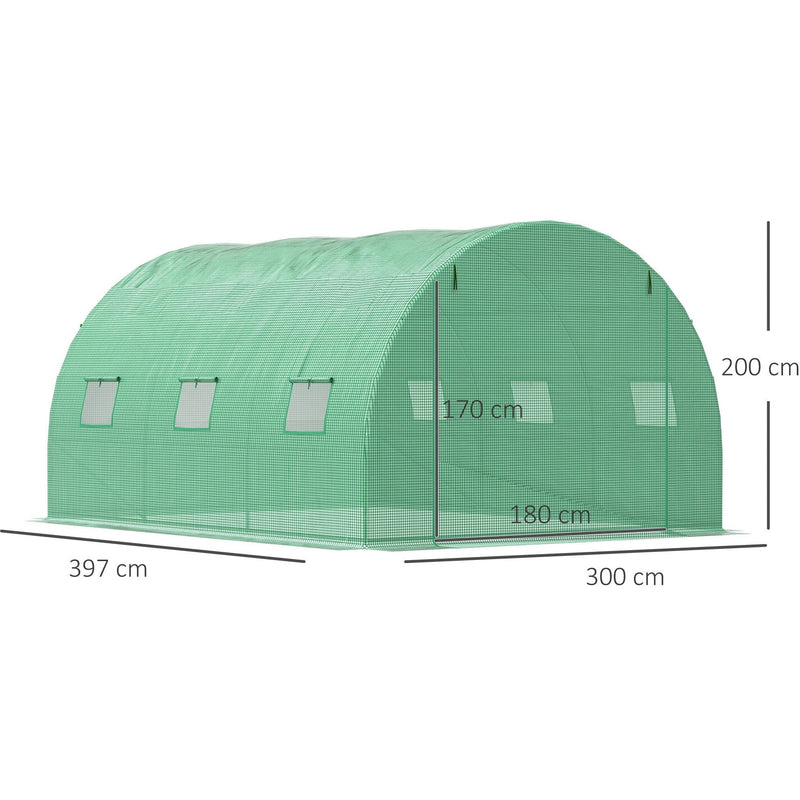 13x10ft Polytunnel Greenhouse, Roll Up Door, 6 Windows, Green