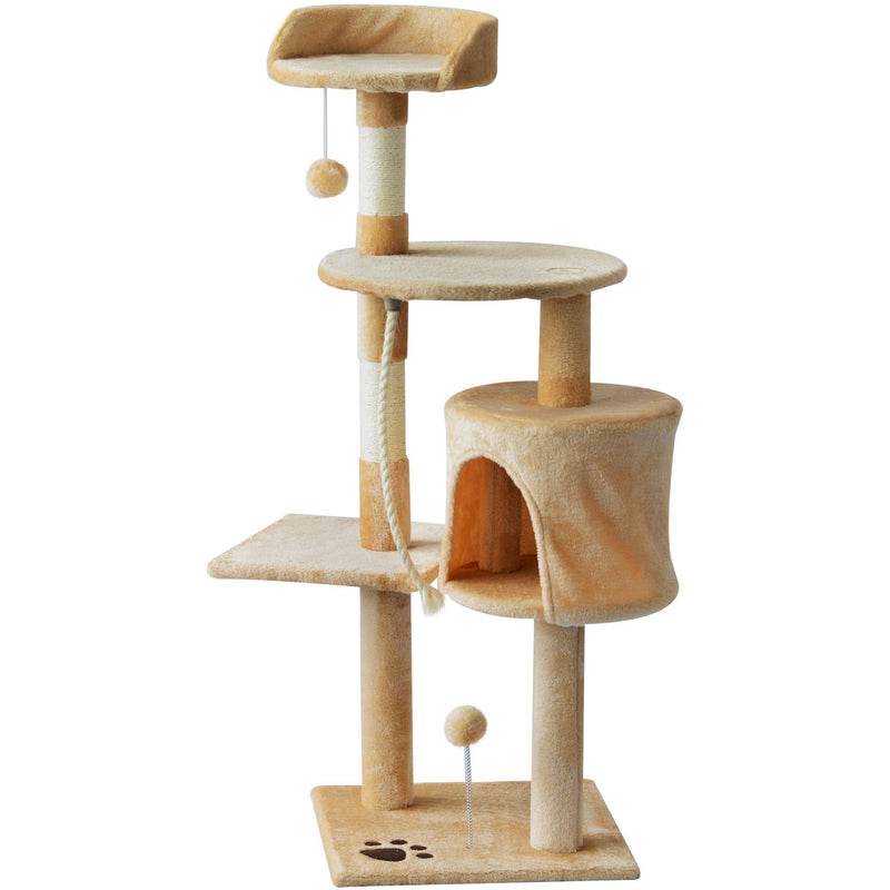 "114cm Beige Cat Tree: Sturdy House for Climbing and Play"