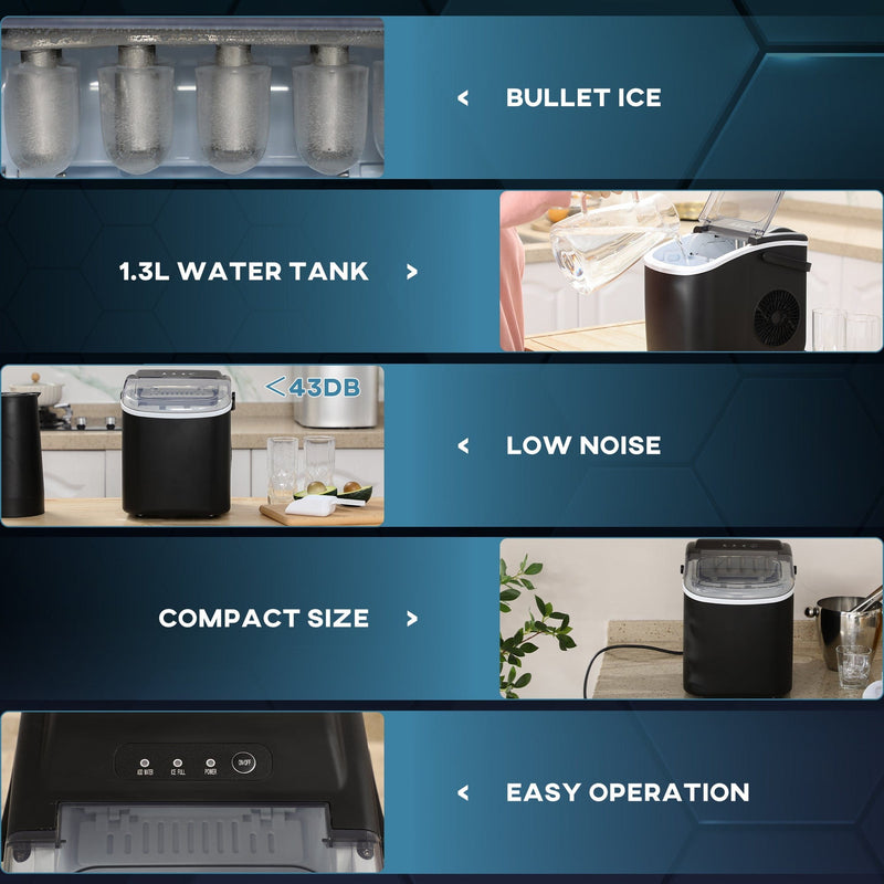 HOMCOM Ice Maker Machine Counter Top, 12Kg in 24 Hrs, 9 Cubes Ready in 6-12Mins, Portable Ice Cube Maker with Ice Scoop and Basket, Black Homcom