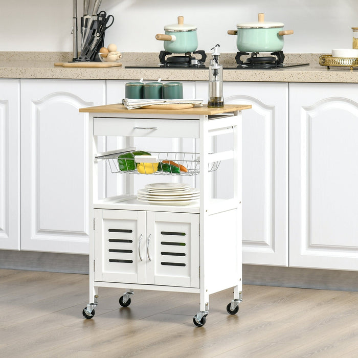 Mobile Kitchen Trolley, Bamboo Top, Storage, Basket, White