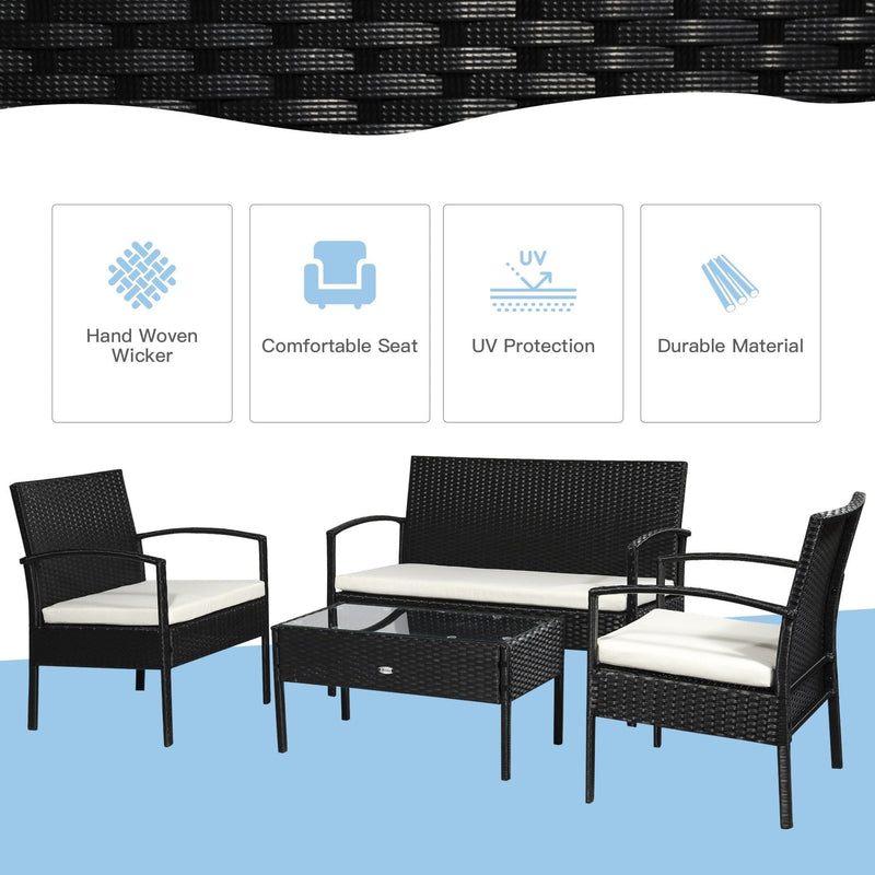 Garden Furniture Sofa and Table, 4 Seater Black Rattan