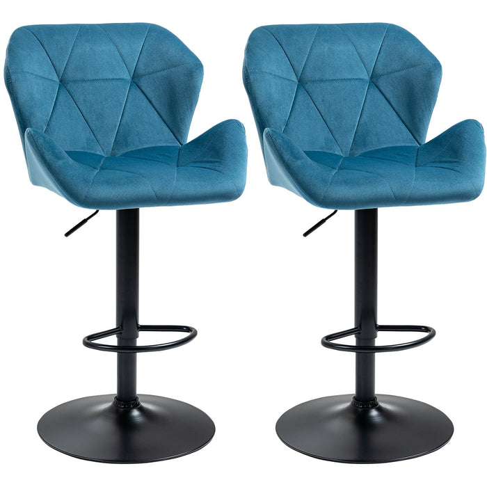 Set of 2 Kitchen Bar Stools, Blue Velvet