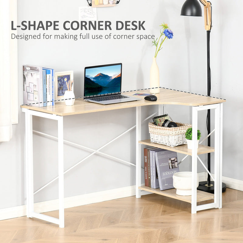 Folding L Shaped Desk, 2 Shelves, Oak Tone for Home Office