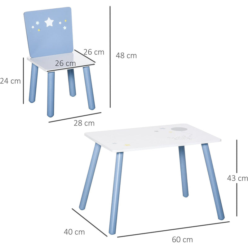 Kids Table and Chairs Set 3 Pieces 1 Table 2 Chairs Toddler Wooden Multi-usage Easy Assembly Star Image Ornament Blue and White