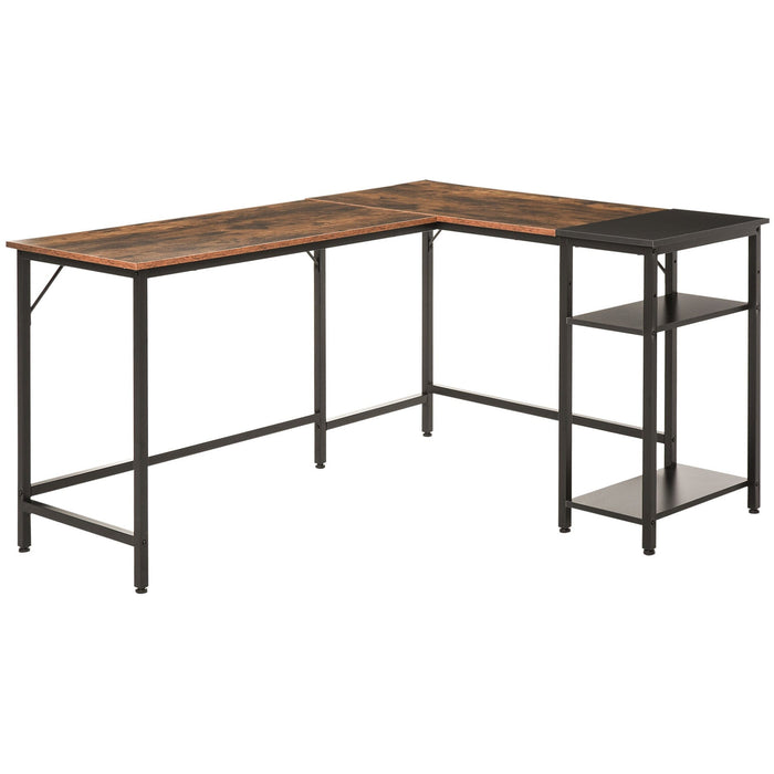 Rustic Brown L Shaped Desk, Adjustable Shelf, Industrial