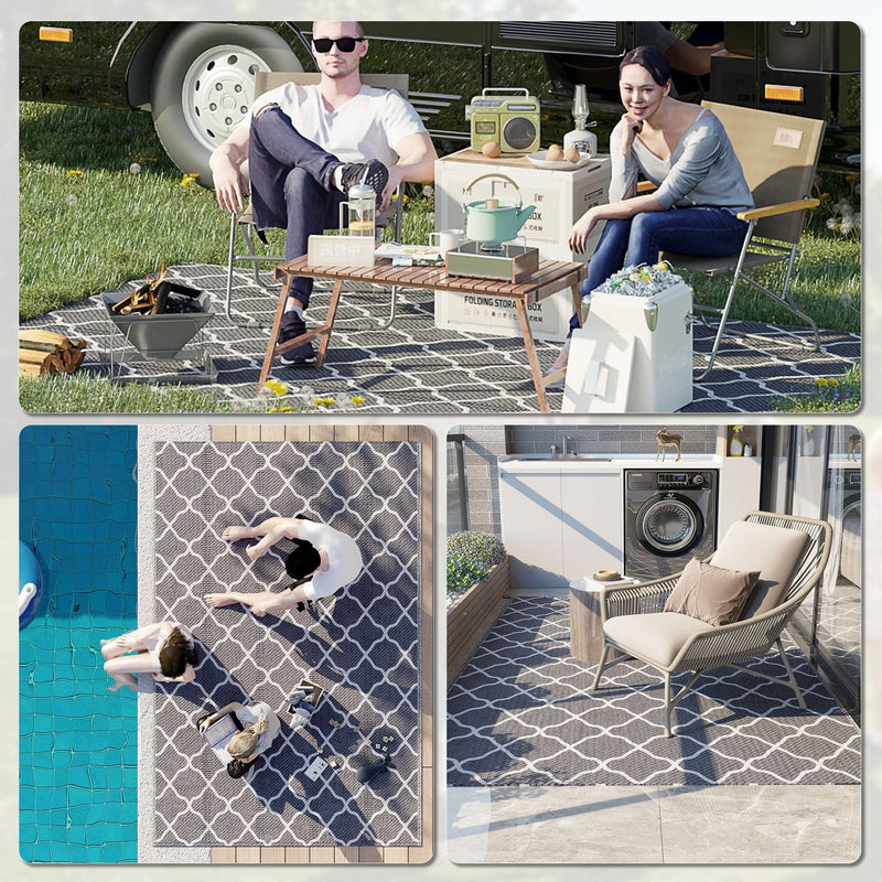 Outsunny Reversible Outdoor Rug with Carry Bag and Ground Stakes, Waterproof Plastic Straw Mat for Backyard, Deck, RV, Picnic, Camping Grey & White Outsunny