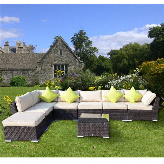 Rattan Corner Sofa Set, 7 Seater With Coffee Table, Cushions