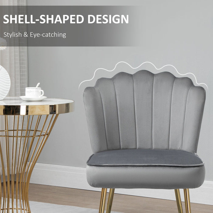Grey Velvet Shell Back Chair With Gold Metal Legs
