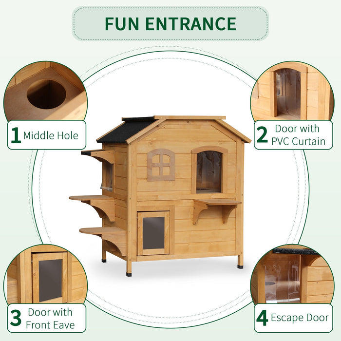 PawHut Two-Floor Wooden Cat House, Natural