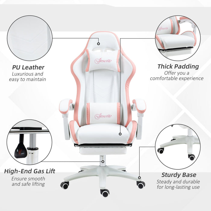 Pink & White PU Gaming Chair with Footrest