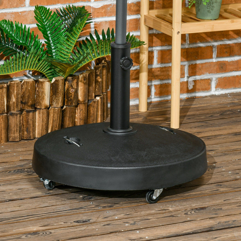 Outsunny Resin Garden Parasol Base with Wheels and Retractable Handles, Round Outdoor Market Umbrella Stand Weight for Poles of Φ38 - Φ48mm, Black Outsunny