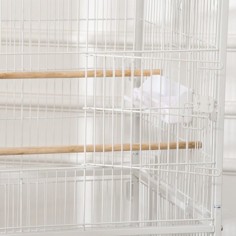 PawHut Large Bird Cage Aviary for Finch Canaries, Budgies with Rolling Stand, Slide-out Tray, Storage Shelf, Wood Perch, Food Containers, White Pawhut