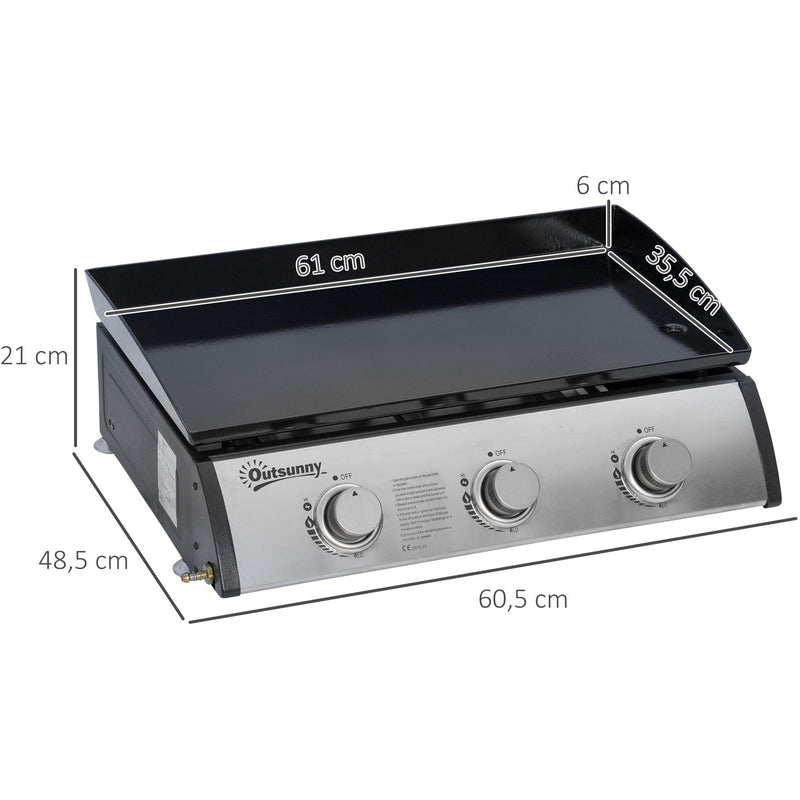 Outsunny Gas Plancha Grill with 3 Stainless Steel Burner, 9kW, Portable Tabletop Gas BBQ w/Non-Stick Griddle for Camping Picnic Garden Party Festival Outsunny