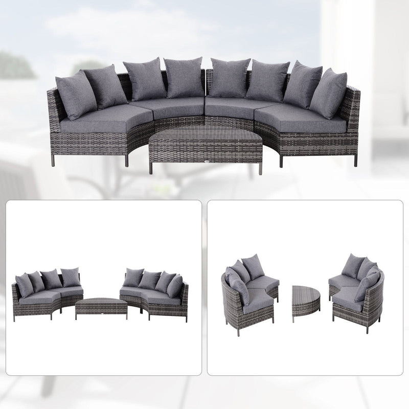 4 Seater Half Moon Rattan Sofa & Table Set, Grey Outsunny