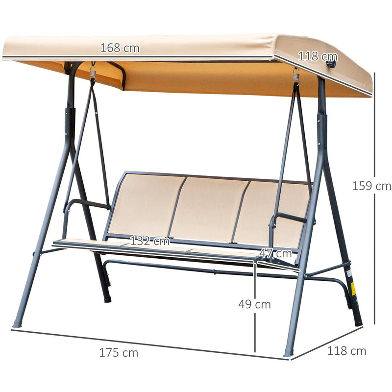 Beige 3 Seater Swing Chair With Adjustable Canopy, Black Outsunny