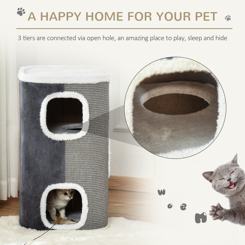 PawHut Cat Barrel Kitten Tree Tower Sisal Scratching Pet Furniture Climbing Frame Cozy Platform Soft Plush & Lamb Fleece Grey Pawhut