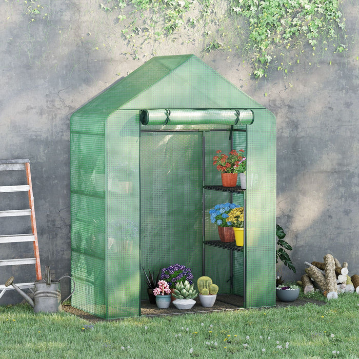 Small Walk In Greenhouse, 2 Tier Shelf, 141x72x191cm, Green