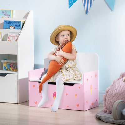 2-IN-1 Wooden Toy Box: Pink Cute Pattern, Safety Rod Zonekiz