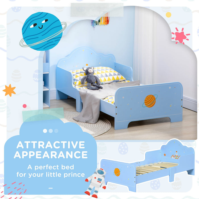 Blue Toddler Bed: Rocket & Plants Patterns, Safety Rails