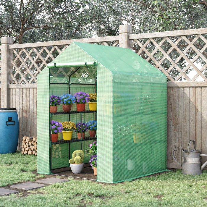 Outdoor Polytunnel Greenhouse, Shelves, 143x138x190cm, Green