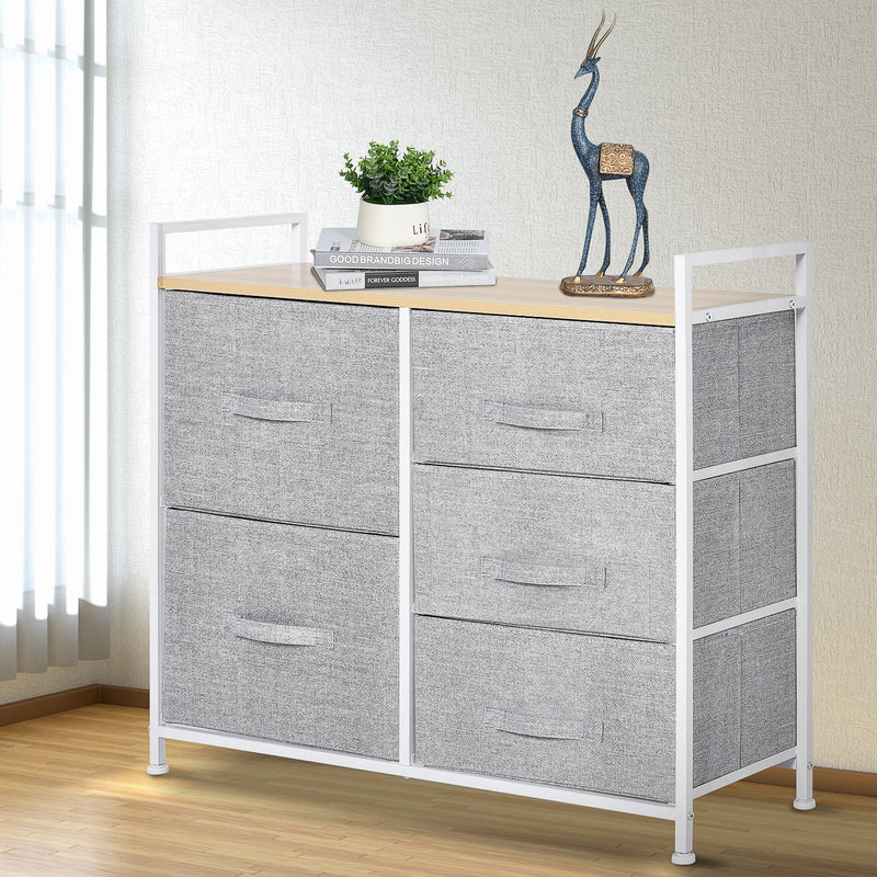 HOMCOM 5 Drawer Linen Basket Storage Unit Home Organisation w/ Shelf Handles Metal Frame Adjustable Feet Hallway Home Dresser Grey Homcom