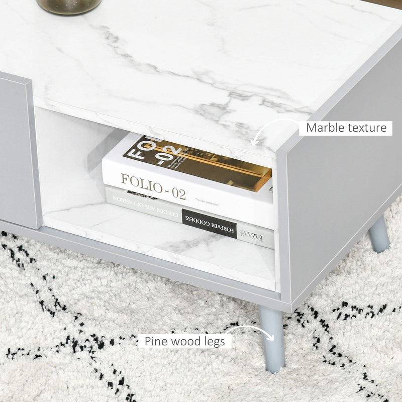 Coffee Table With Shelf, Drawer, Two Tone Marble Effect