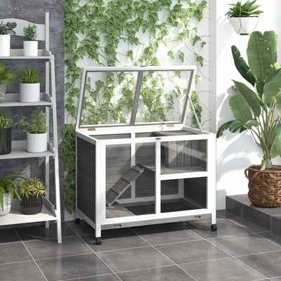 2 Level Indoor Rabbit Hutch With Wheels, Grey Pawhut