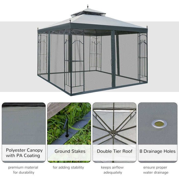 Gazebo With Curtains, Double Top Canopy, 3x3m, Grey