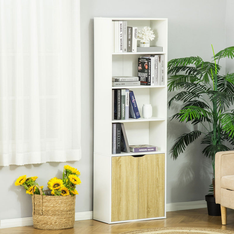 Narrow Bookcase With Cupboard, 5 Shelves, 59W x 29D x 180Hcm
