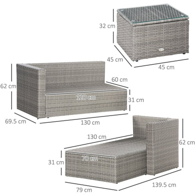 3 Piece Rattan Corner Sofa Set with Glass Table, Grey Outsunny