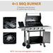 Image of a 4 Burner Gas BBQ with Side Burner With a Black Frame and Stainless Steel Front and Lid.