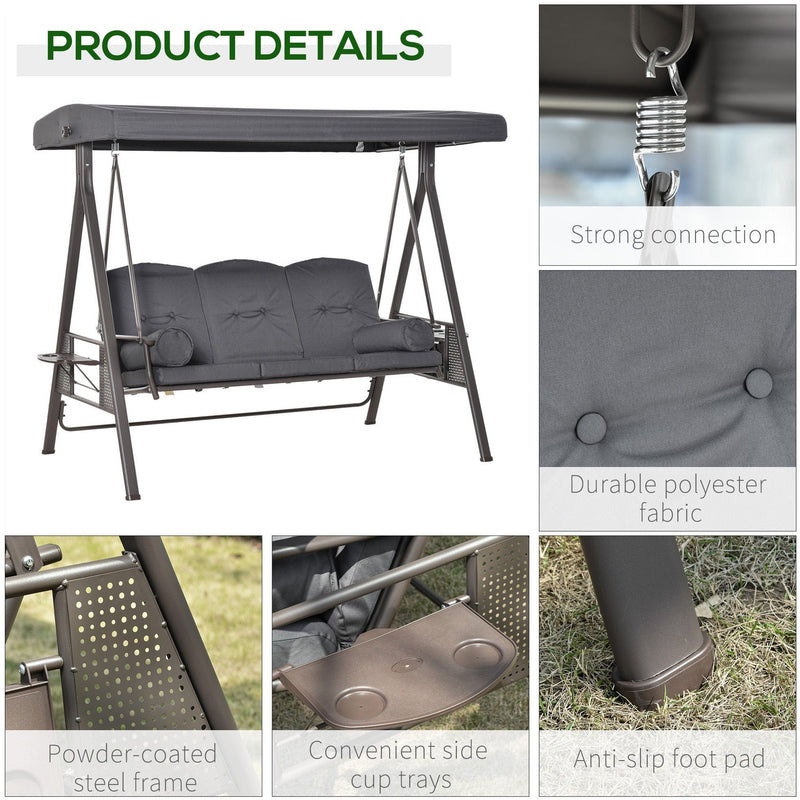 Garden Swing Chair With Canopy & Cup Trays, Dark Grey Outsunny