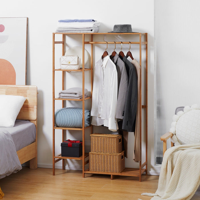 6-Tier Bamboo Clothes Rack with Hanging Rod
