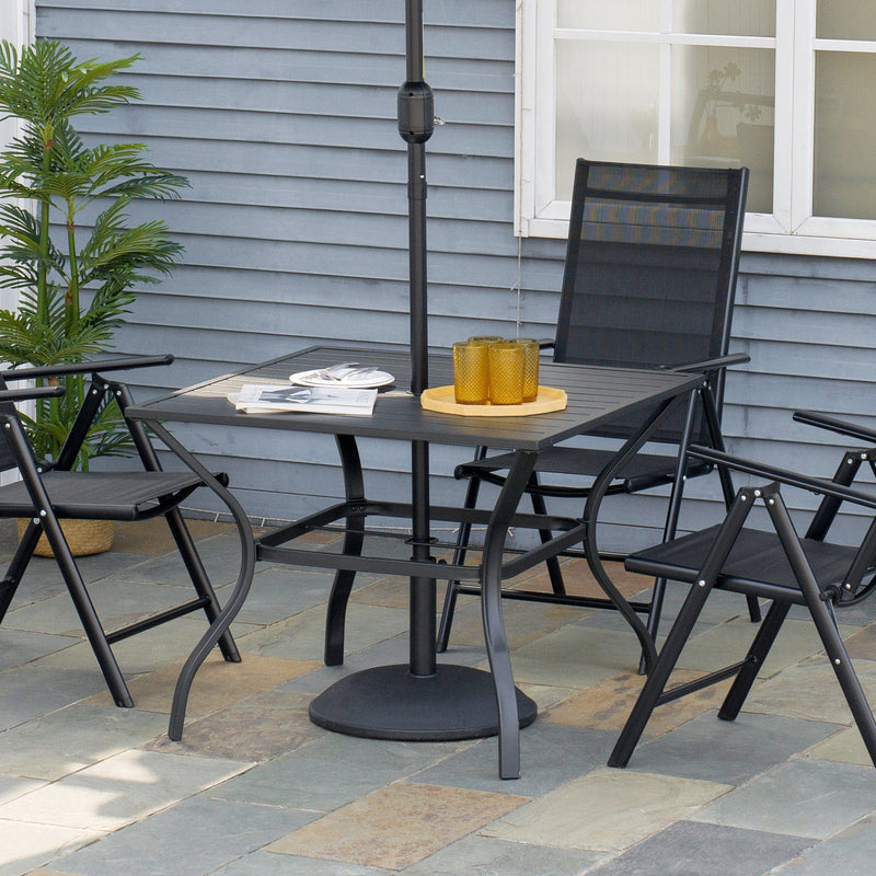 4 Person Square Garden Table For Outdoor Dining - Slatted Metal Plate Top With Parasol Hole - Black Outsunny