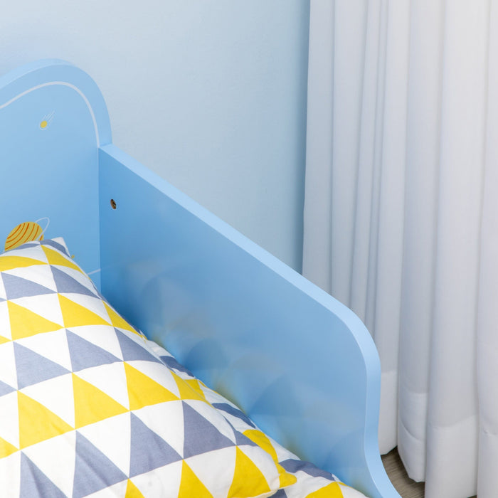 Blue Toddler Bed: Rocket & Plants Patterns, Safety Rails