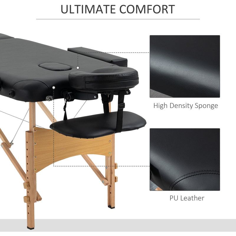 Black Portable Massage Bed, 2 Sections, Wooden Frame, Bag