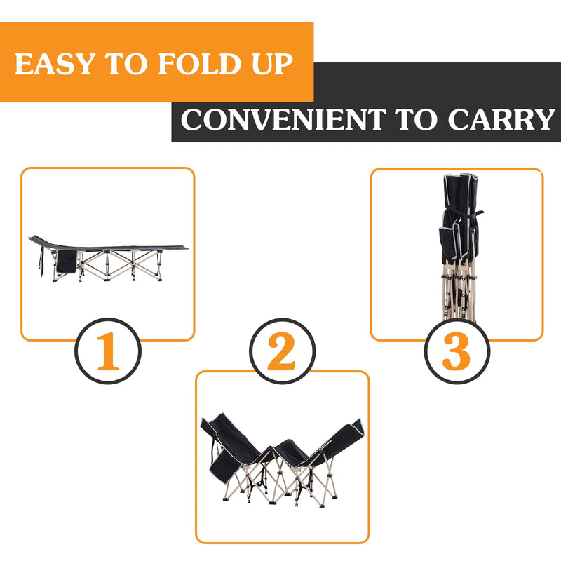Outsunny Single Person Camping Folding Cot Outdoor Patio Portable Military Sleeping Bed Travel Guest Leisure Fishing with Side Pocket, Black Outsunny