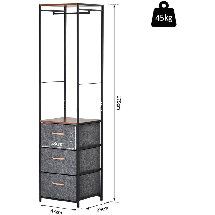 Steel Frame Chest of Drawers with Coat Rack, Black Brown