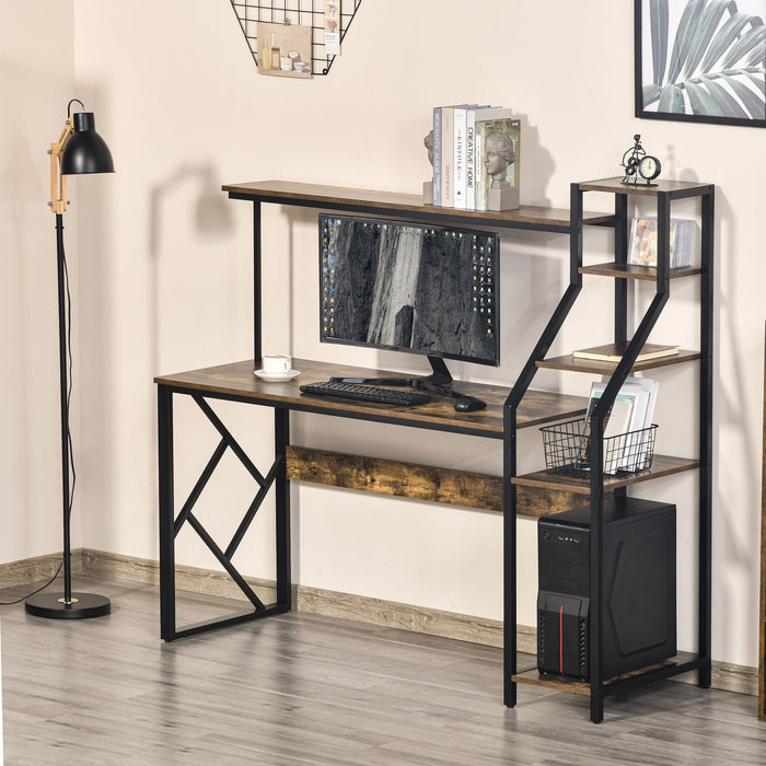 Industrial Computer Desk With Shelves, Rustic Brown