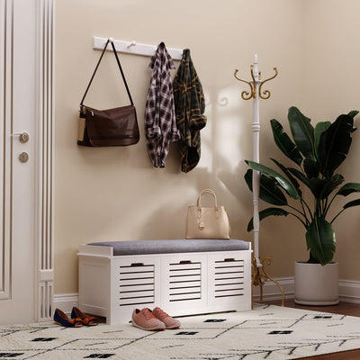 White Shoe Storage Bench, 3 Drawers, Grey Cushion Homcom